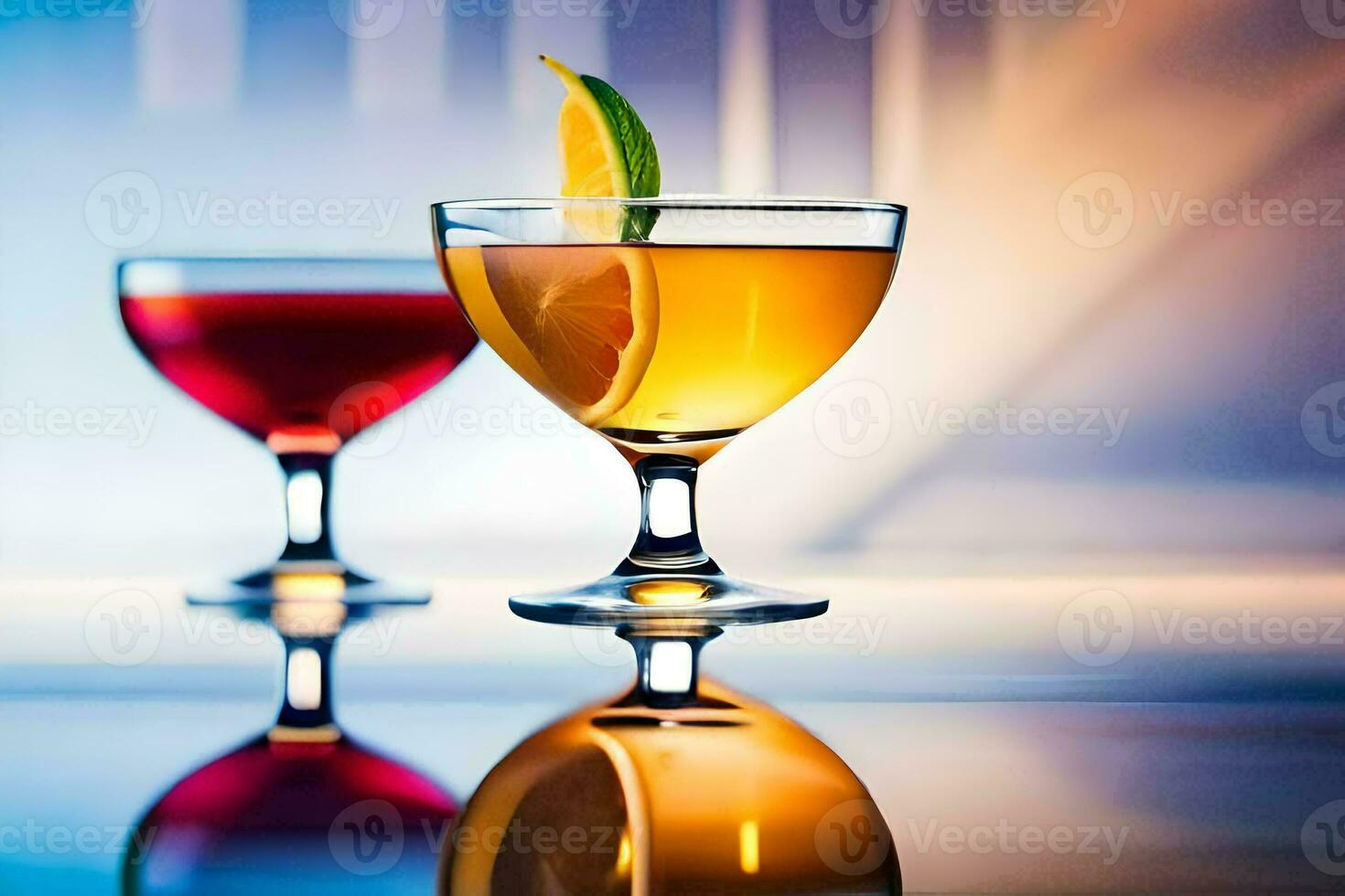 two glasses of cocktails with orange slices on the rim. AI-Generated photo