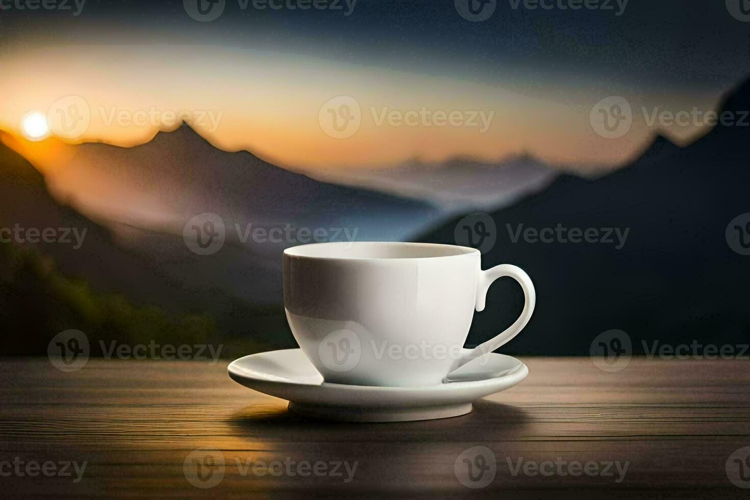 un taza de café en un mesa en frente de un montaña. generado por ai foto