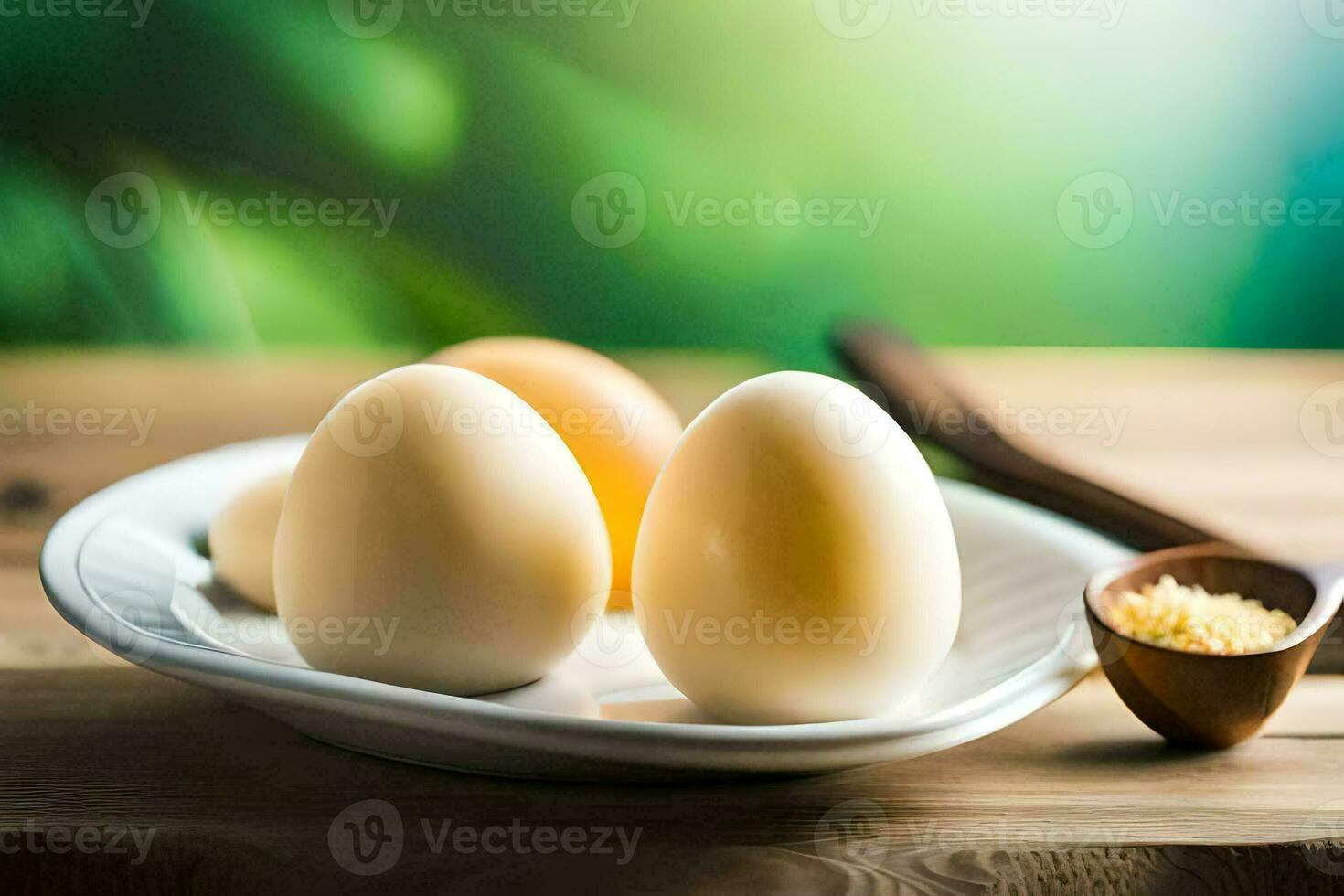 three eggs on a plate with a spoon. AI-Generated photo