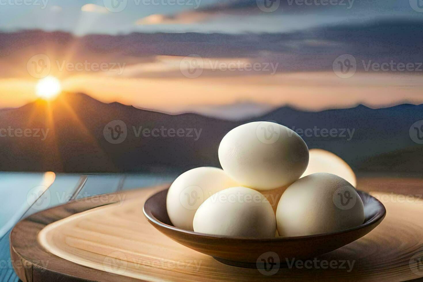 eggs in a bowl on a table with a sunset in the background. AI-Generated photo