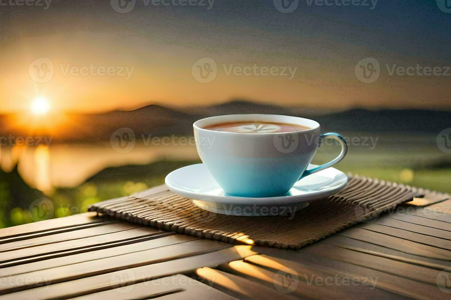 un taza de café en un de madera mesa con un ver de el puesta de sol. generado por ai foto