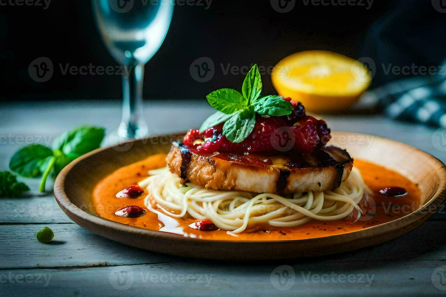 grilled salmon with a tomato sauce and basil leaves. AI-Generated photo