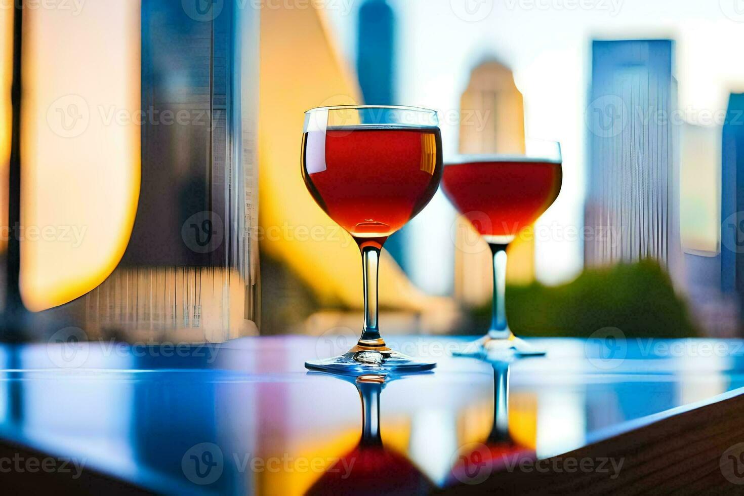 two glasses of red wine on a table in front of a city skyline. AI-Generated photo