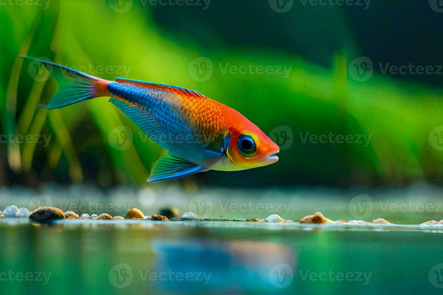 un vistoso pescado es nadando en el agua. generado por ai foto