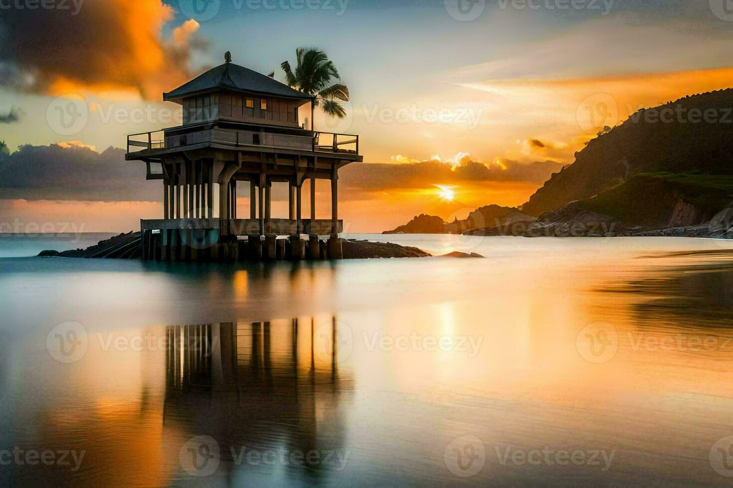 a lighthouse stands on the beach at sunset. AI-Generated photo