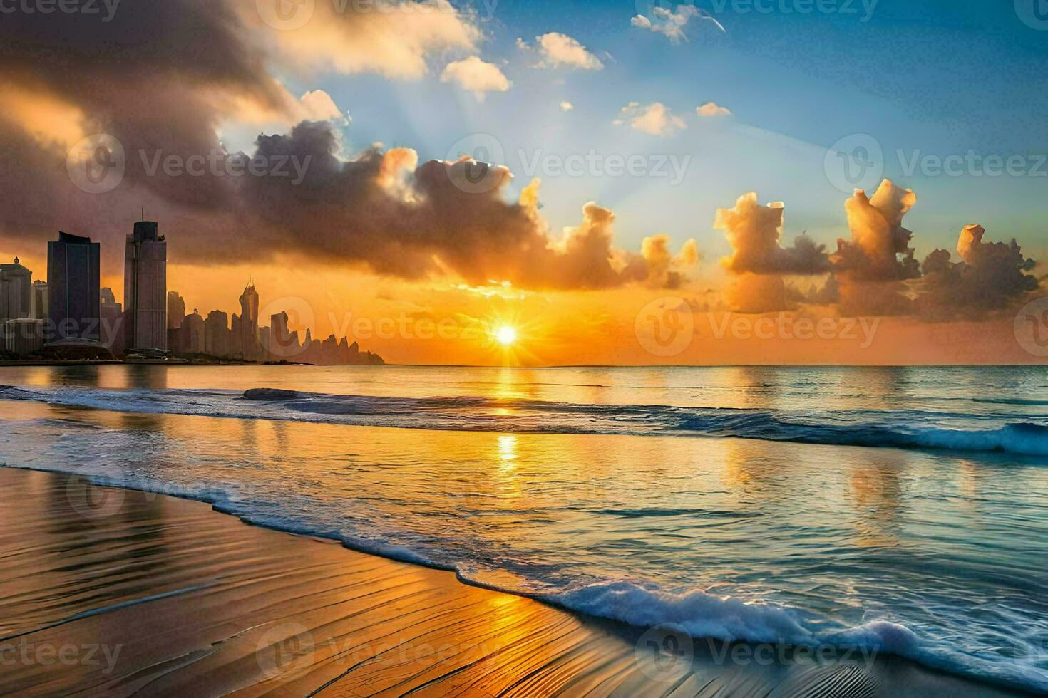 the sun sets over the city skyline on a beach. AI-Generated photo