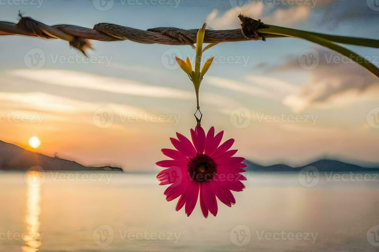 a pink flower hangs from a branch over the water at sunset. AI-Generated photo