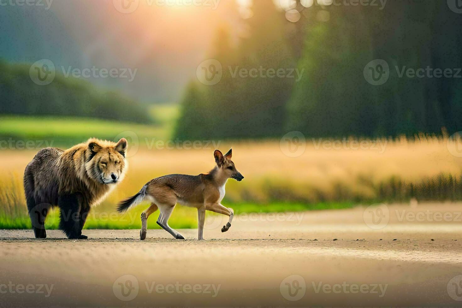 a lion and a deer walk along a road. AI-Generated photo