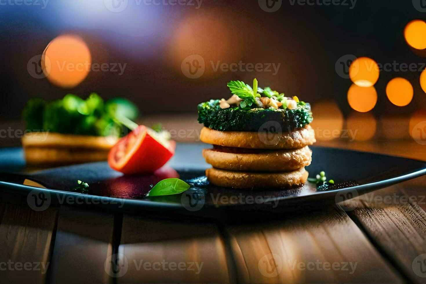 a plate with food on it and a blurry background. AI-Generated photo