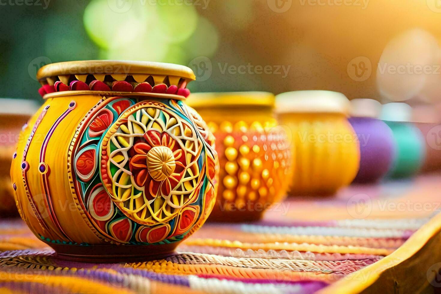 colorful vases are lined up on a table. AI-Generated photo
