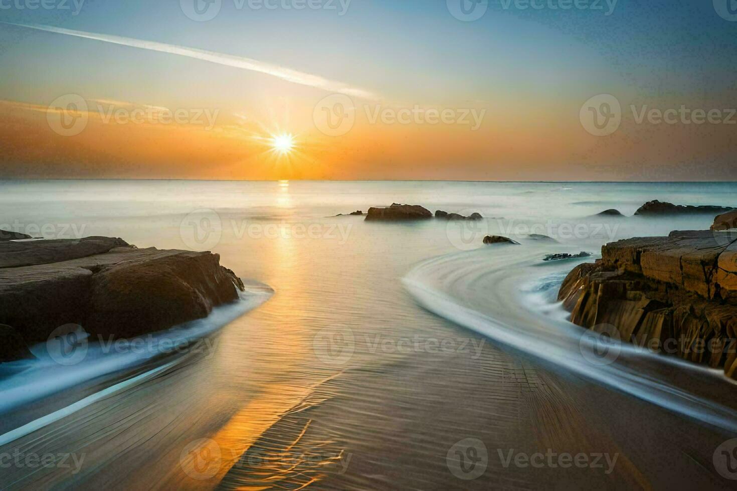 the sun rises over the ocean and rocks. AI-Generated photo