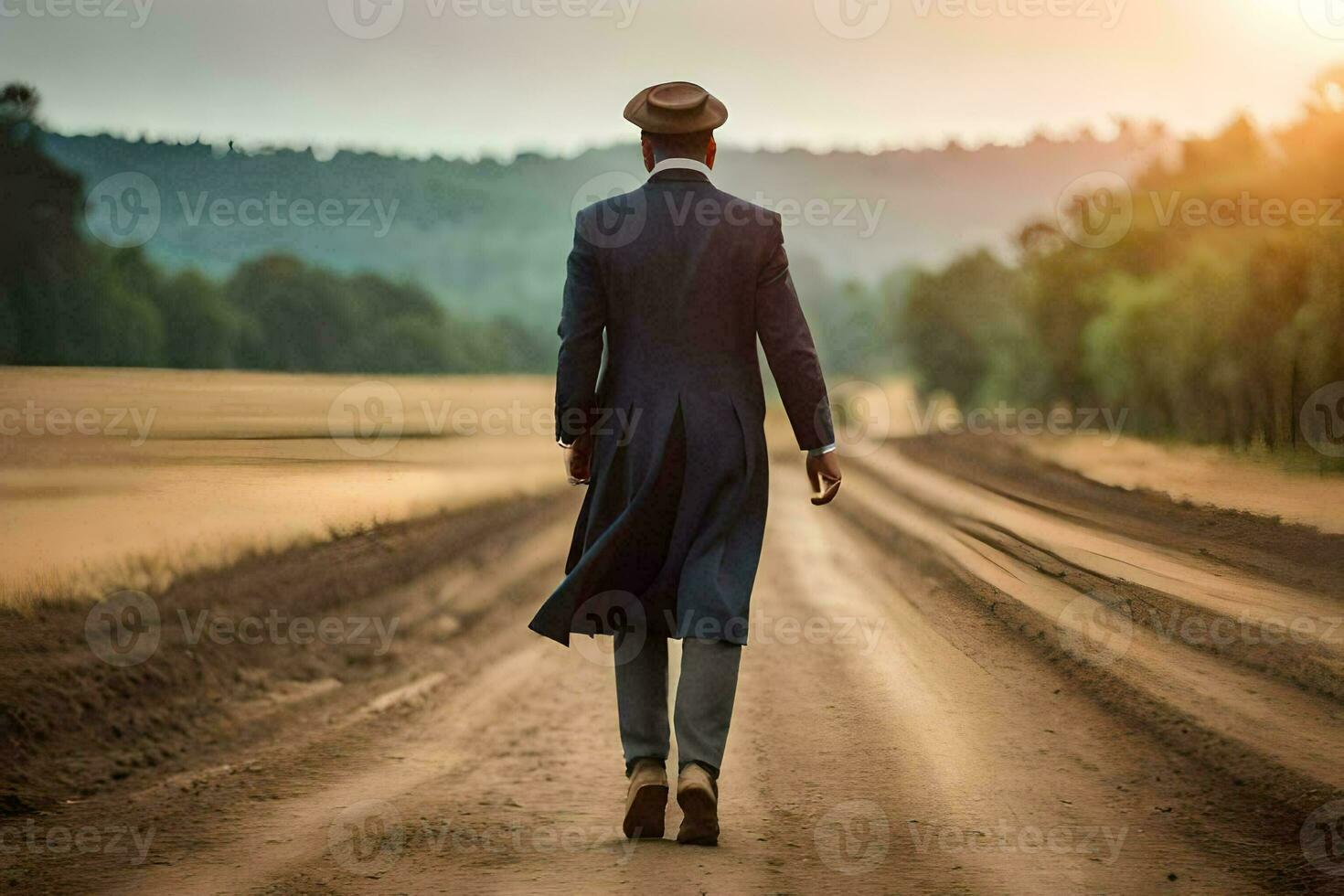 un hombre en un traje y sombrero caminando abajo un suciedad la carretera. generado por ai foto