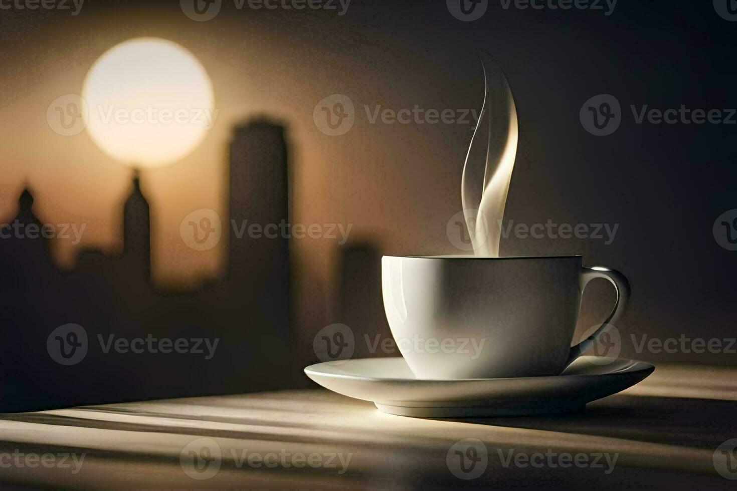 a cup of coffee on a table in front of a cityscape. AI-Generated photo