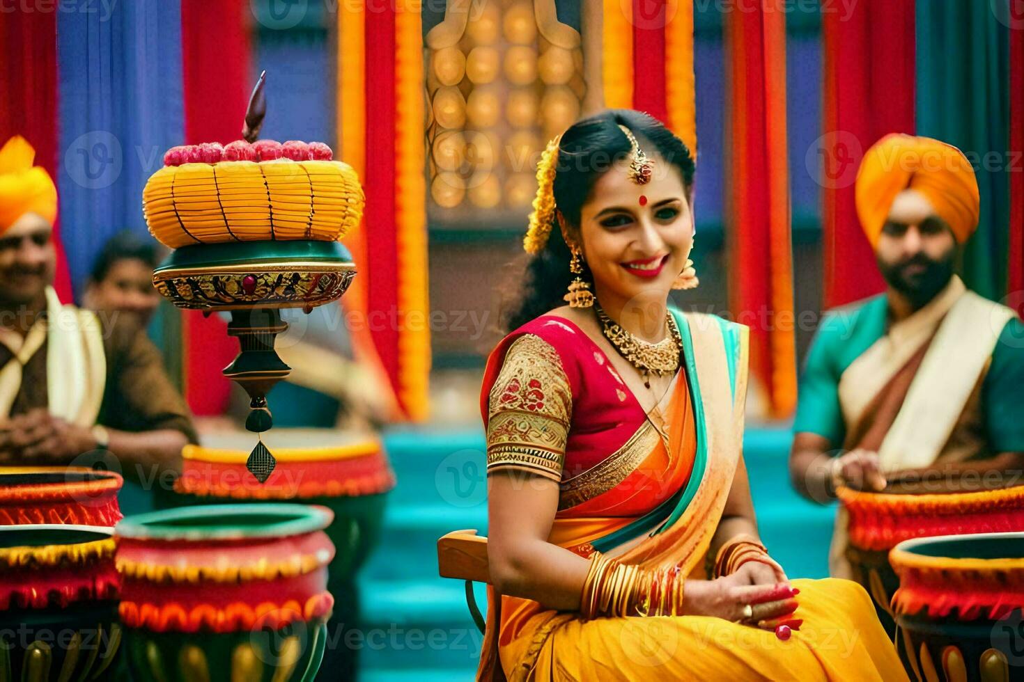 a woman in a sari sitting on a drum. AI-Generated photo