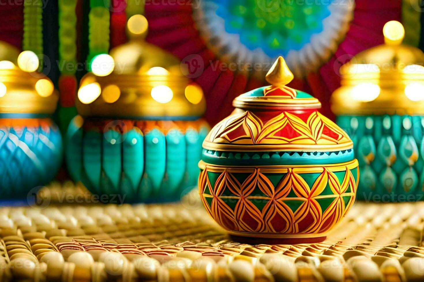 colorful decorative pots on a table with candles. AI-Generated photo