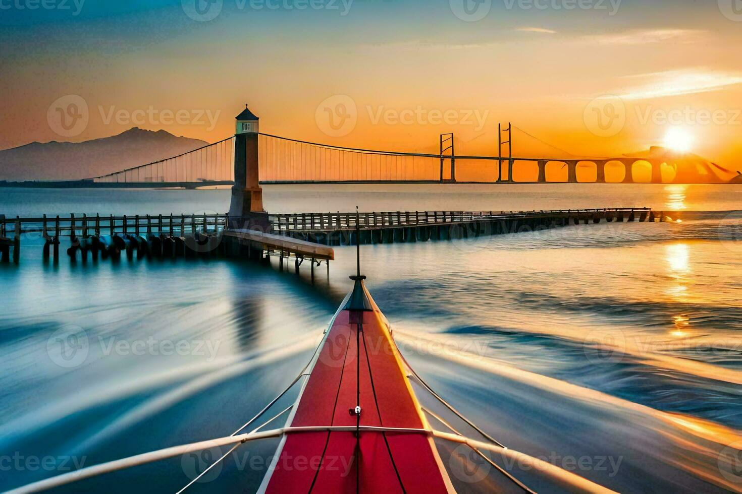 un barco es navegación en el agua a puesta de sol. generado por ai foto