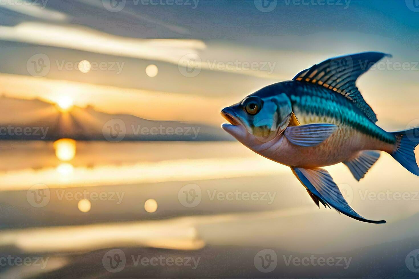 a fish is flying over the water at sunset. AI-Generated photo