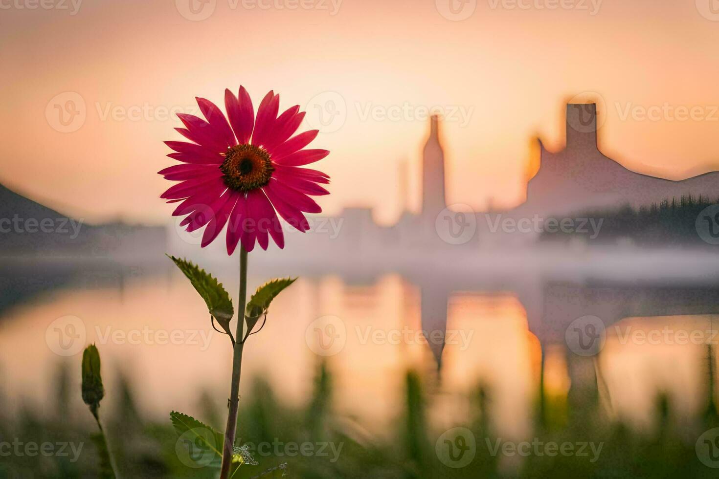 a pink flower stands in front of a city skyline. AI-Generated photo