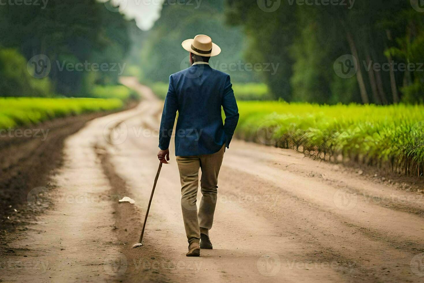 un hombre en un traje y sombrero caminando abajo un suciedad la carretera. generado por ai foto