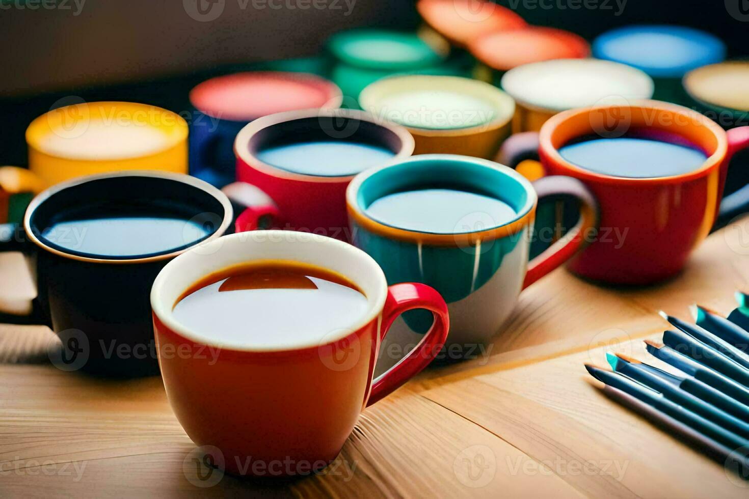 colorful coffee cups and pencils on a wooden table. AI-Generated photo