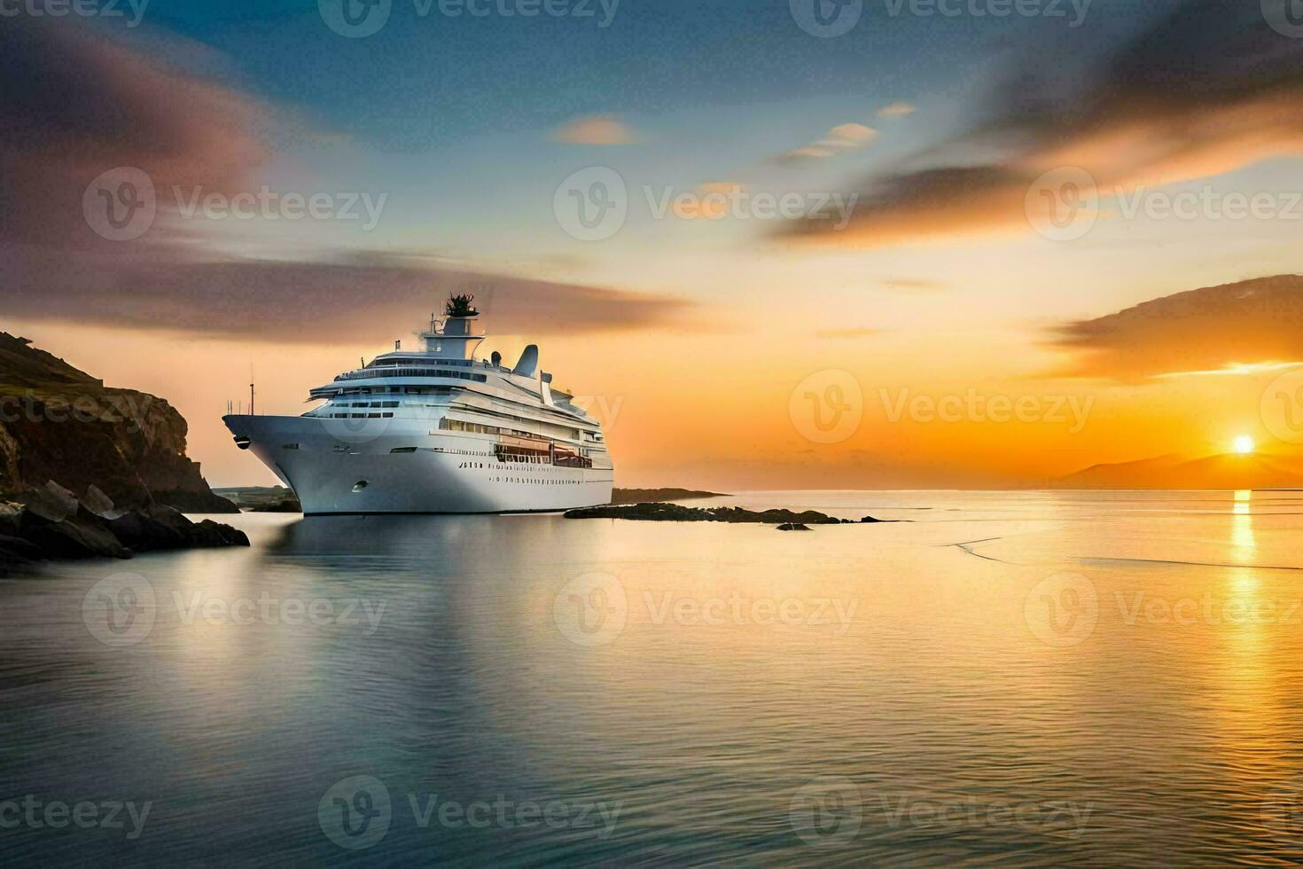 un crucero Embarcacion en el Oceano a puesta de sol. generado por ai foto