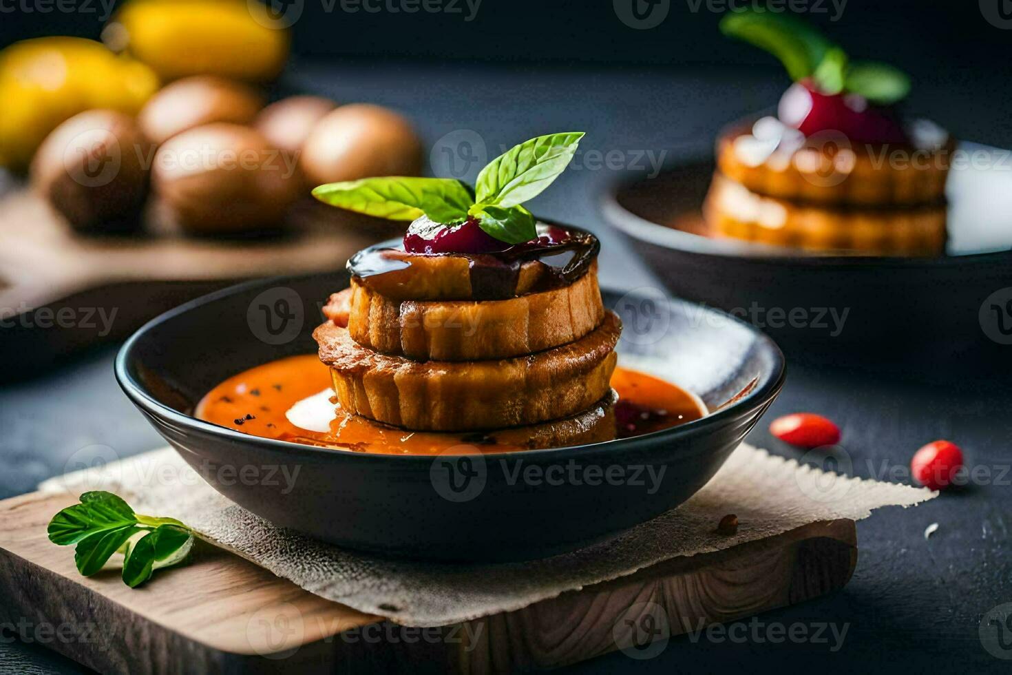 three cakes with sauce and cherries on a wooden board. AI-Generated photo