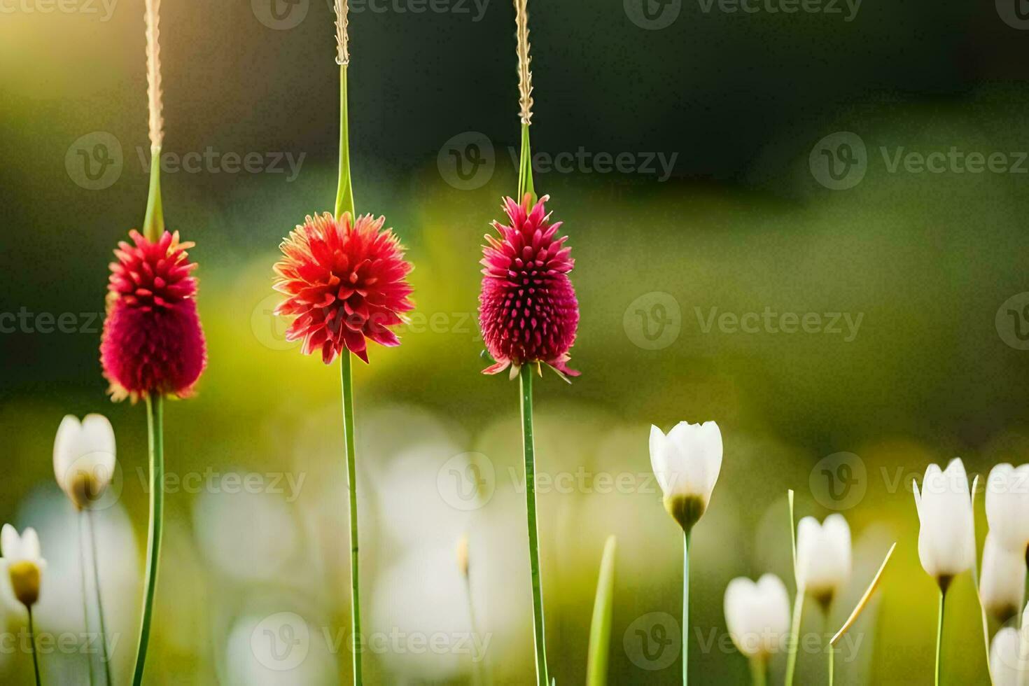 Tres rojo flores son en pie en un campo. generado por ai foto