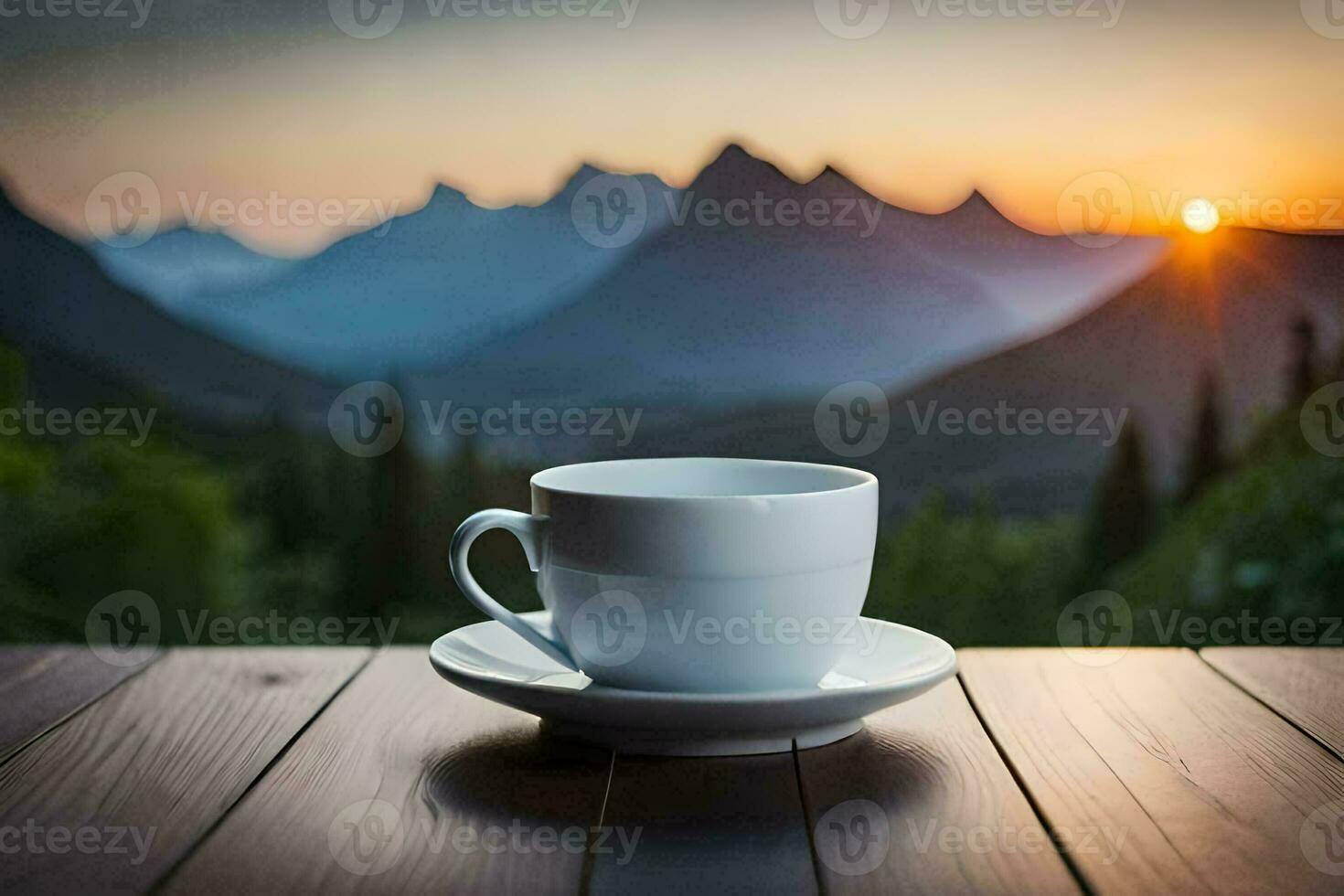 coffee cup on the table with mountains in the background. AI-Generated photo