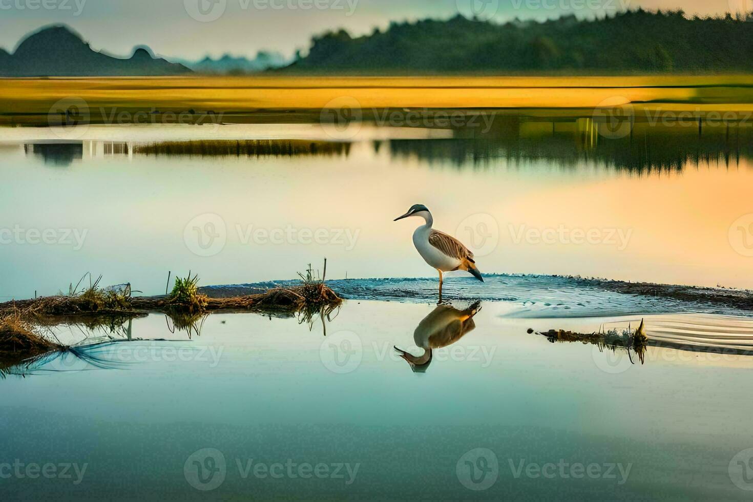 a bird standing on a log in a lake. AI-Generated photo