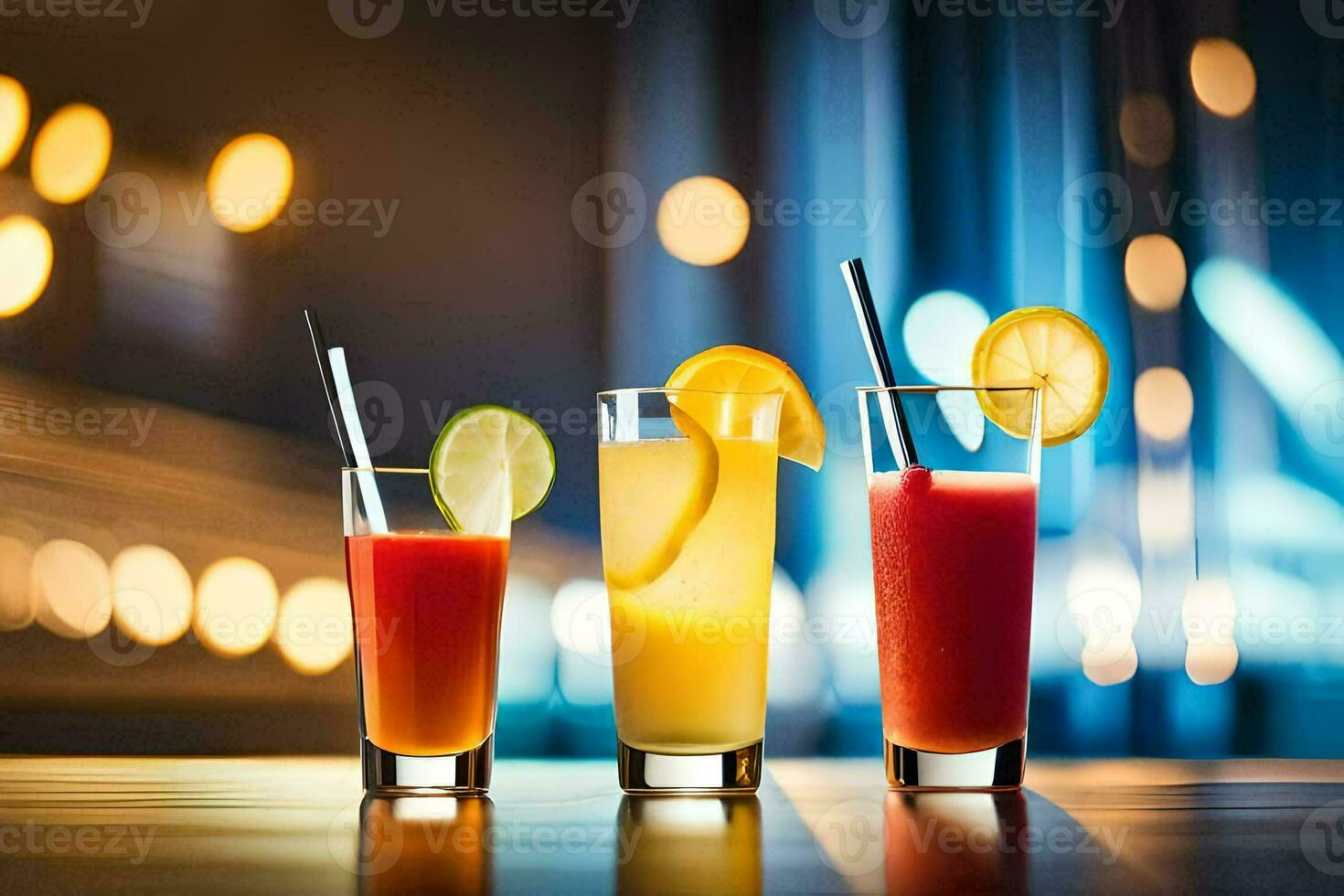 Tres diferente bebidas son forrado arriba en un mesa. generado por ai foto