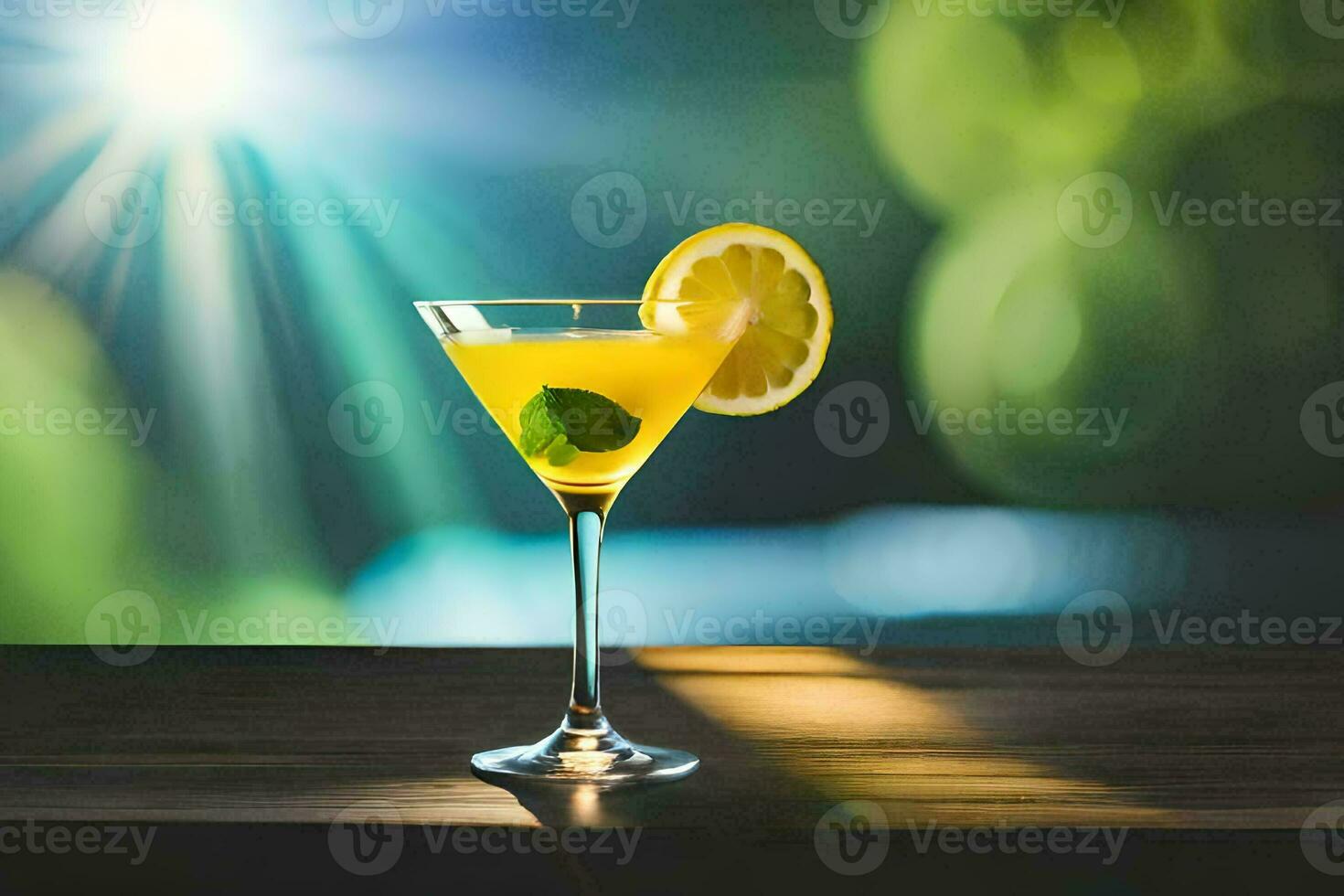 a cocktail with lemon and mint on a wooden table. AI-Generated photo