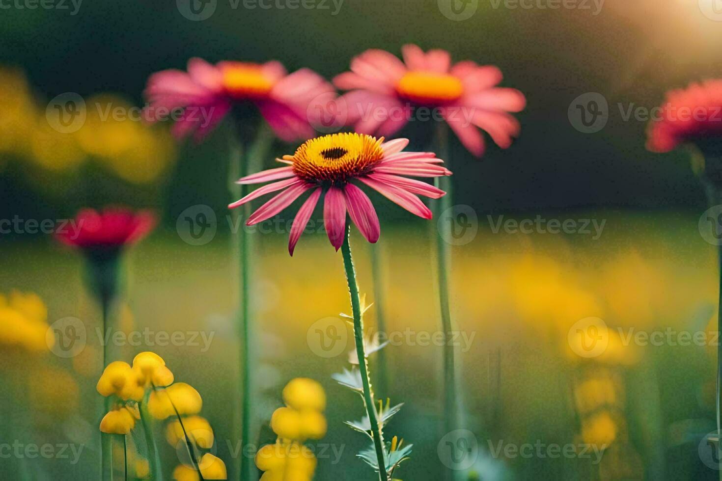 rosado flores en un campo con Dom brillante a través de. generado por ai foto