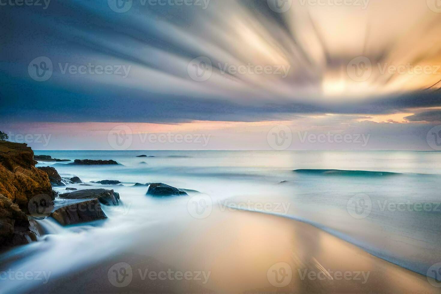 a long exposure photograph of the ocean and rocks. AI-Generated photo