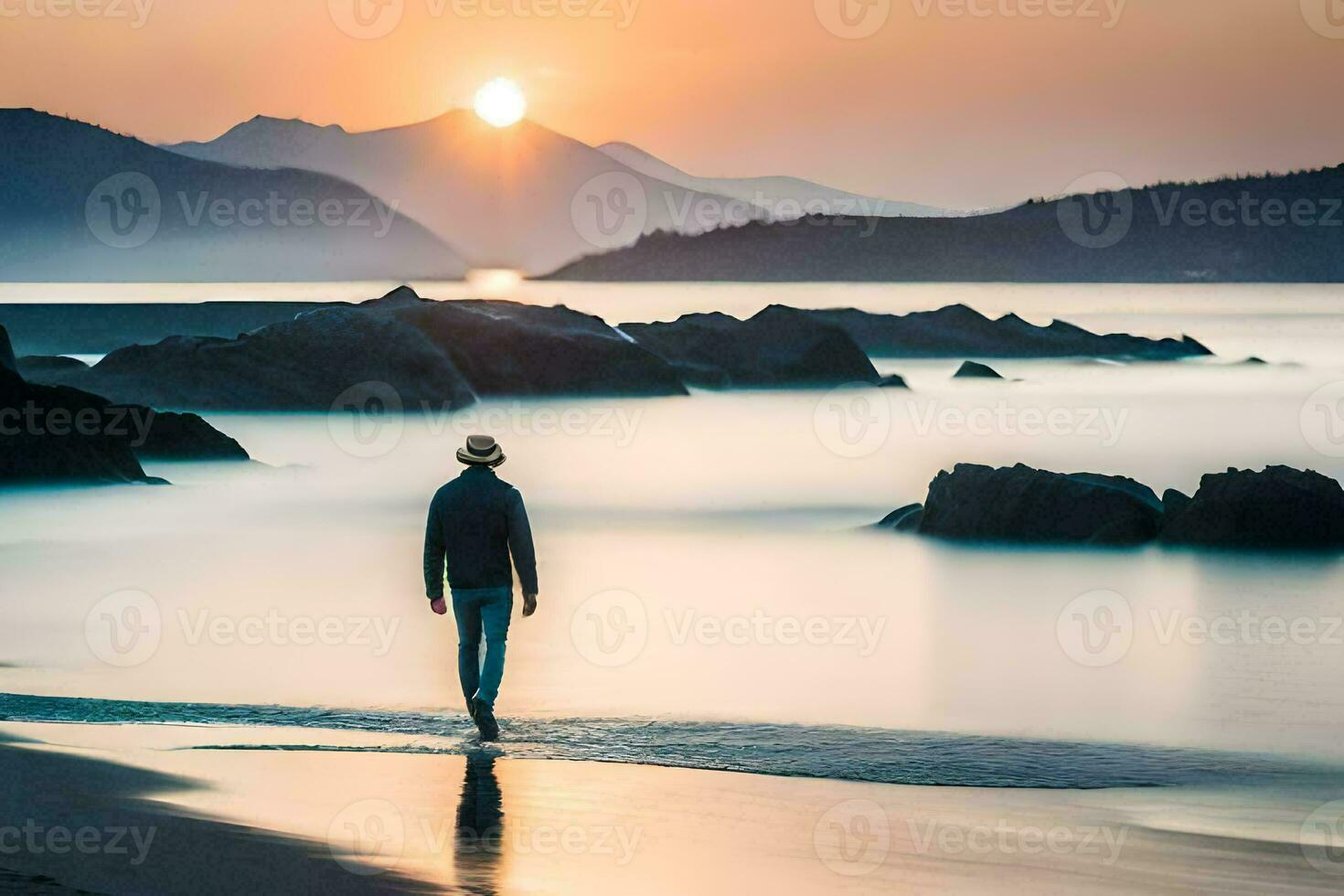 a man walking on the beach at sunset. AI-Generated photo