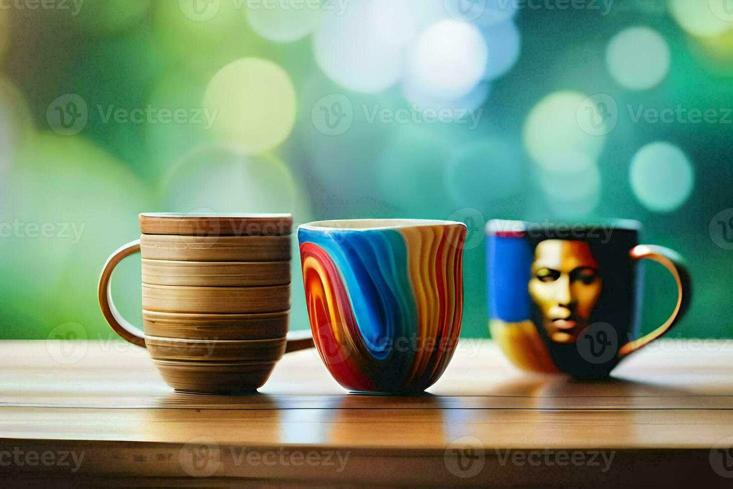 three colorful coffee mugs sitting on a table. AI-Generated photo