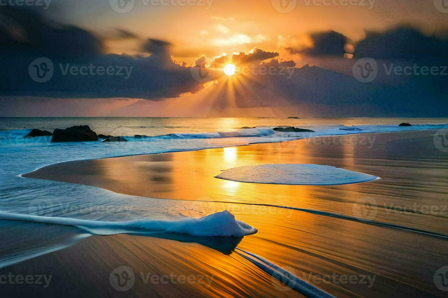 the sun is setting over the ocean and waves. AI-Generated photo