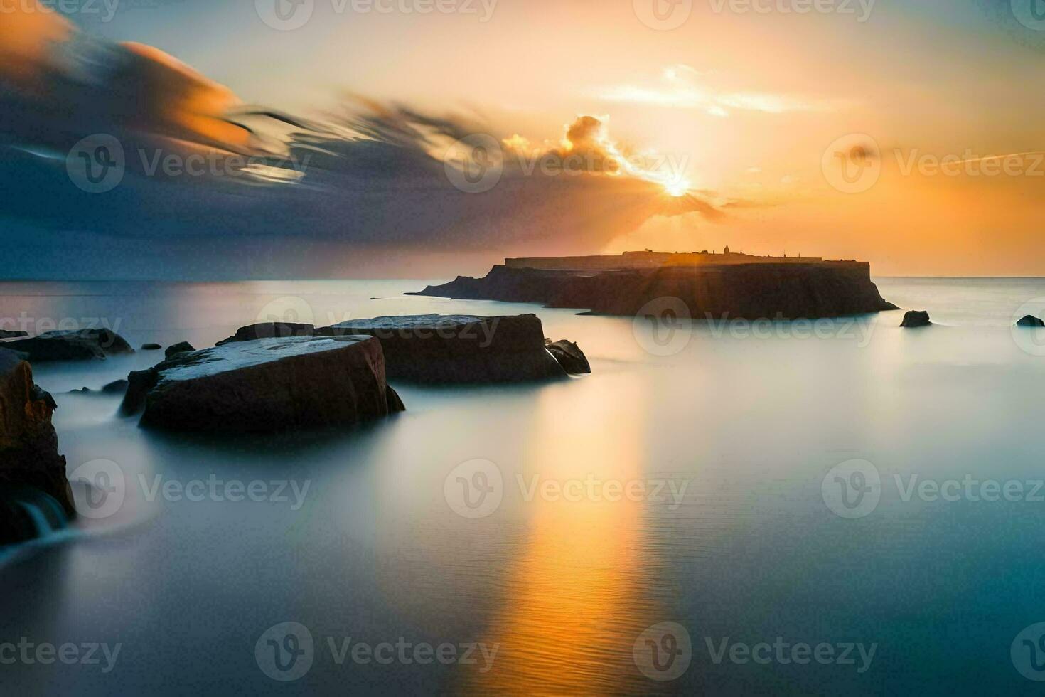 the sun sets over the ocean in this long exposure photograph. AI-Generated photo