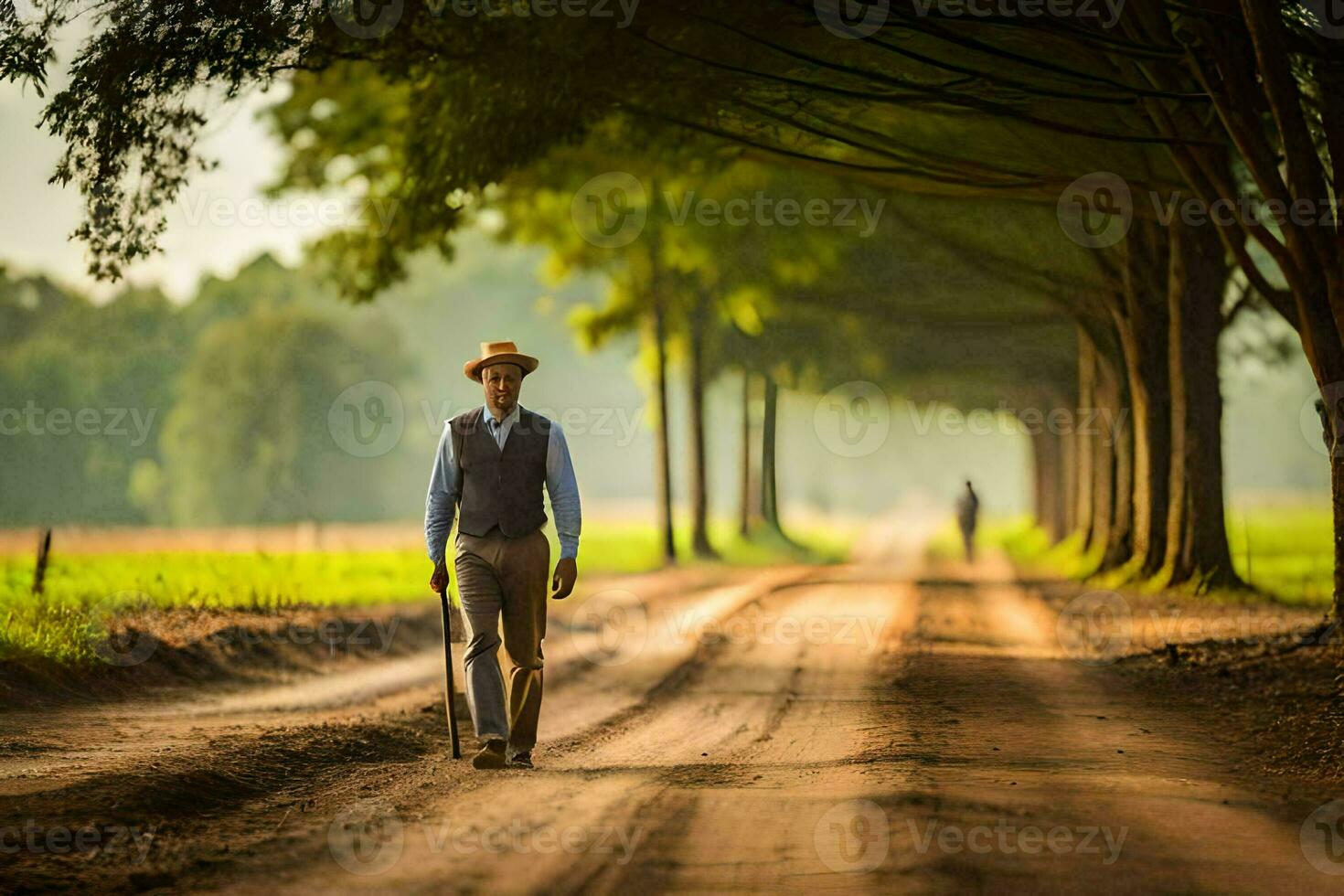 a man walking down a dirt road with trees in the background. AI-Generated photo
