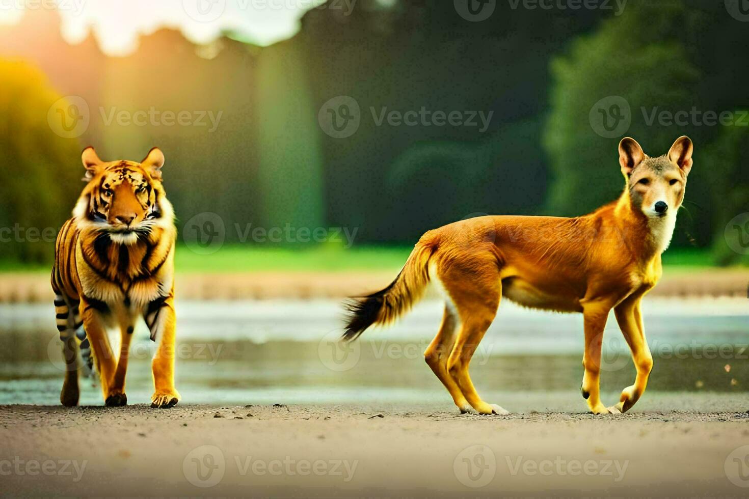 two tigers and a dog walking along a road. AI-Generated photo