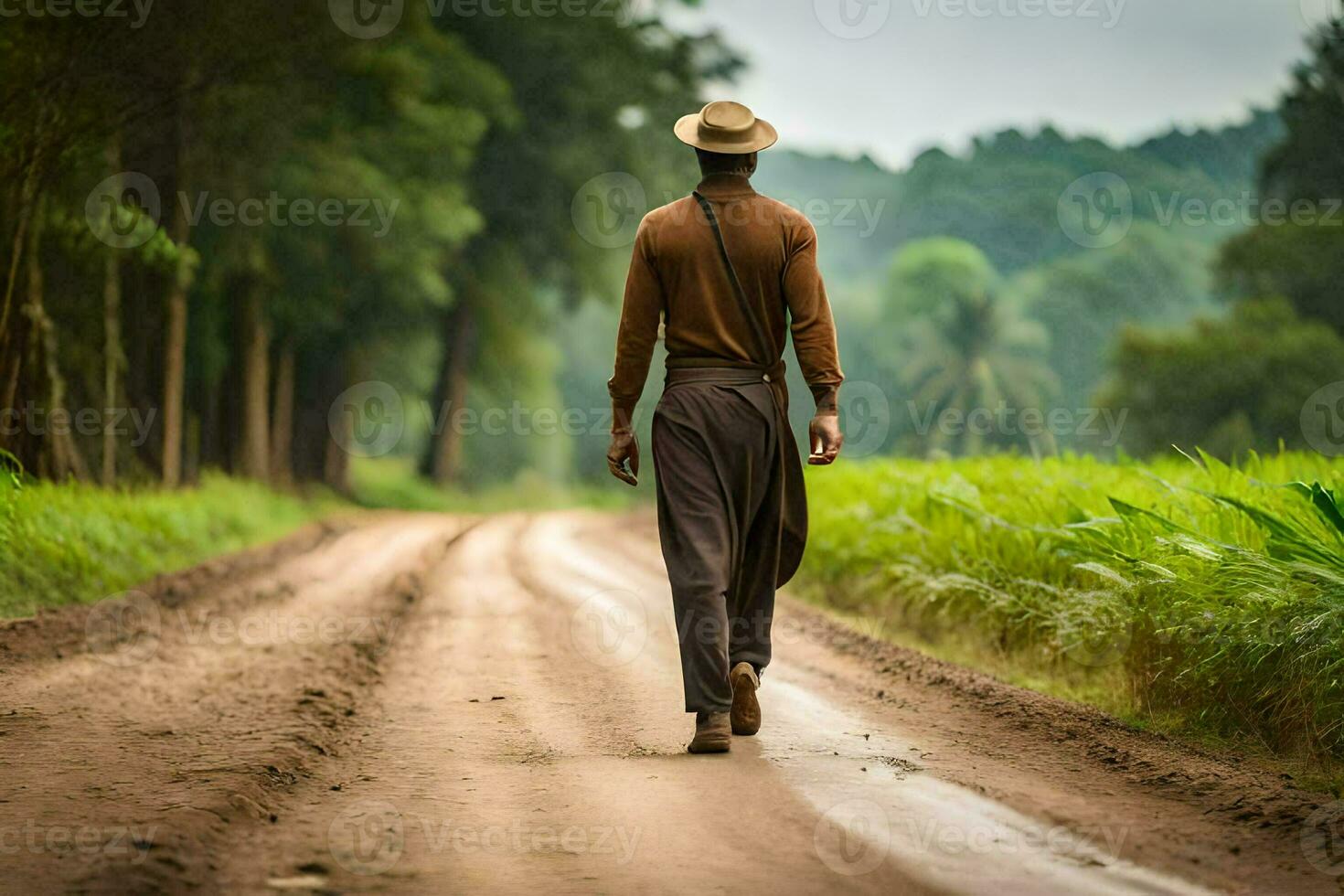 a man walking down a dirt road in the middle of a field. AI-Generated photo