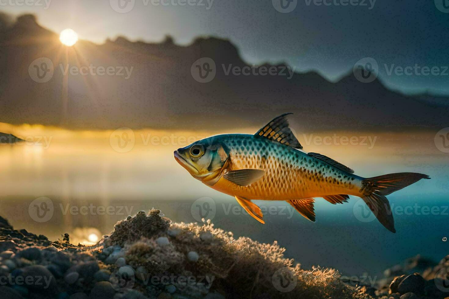 foto fondo de pantalla el cielo, pez, amanecer, el mar, el montañas, el lago, el. generado por ai