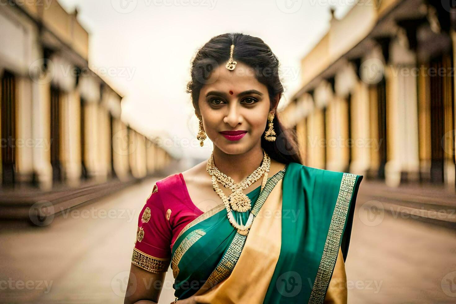 a beautiful woman in a traditional sari. AI-Generated photo