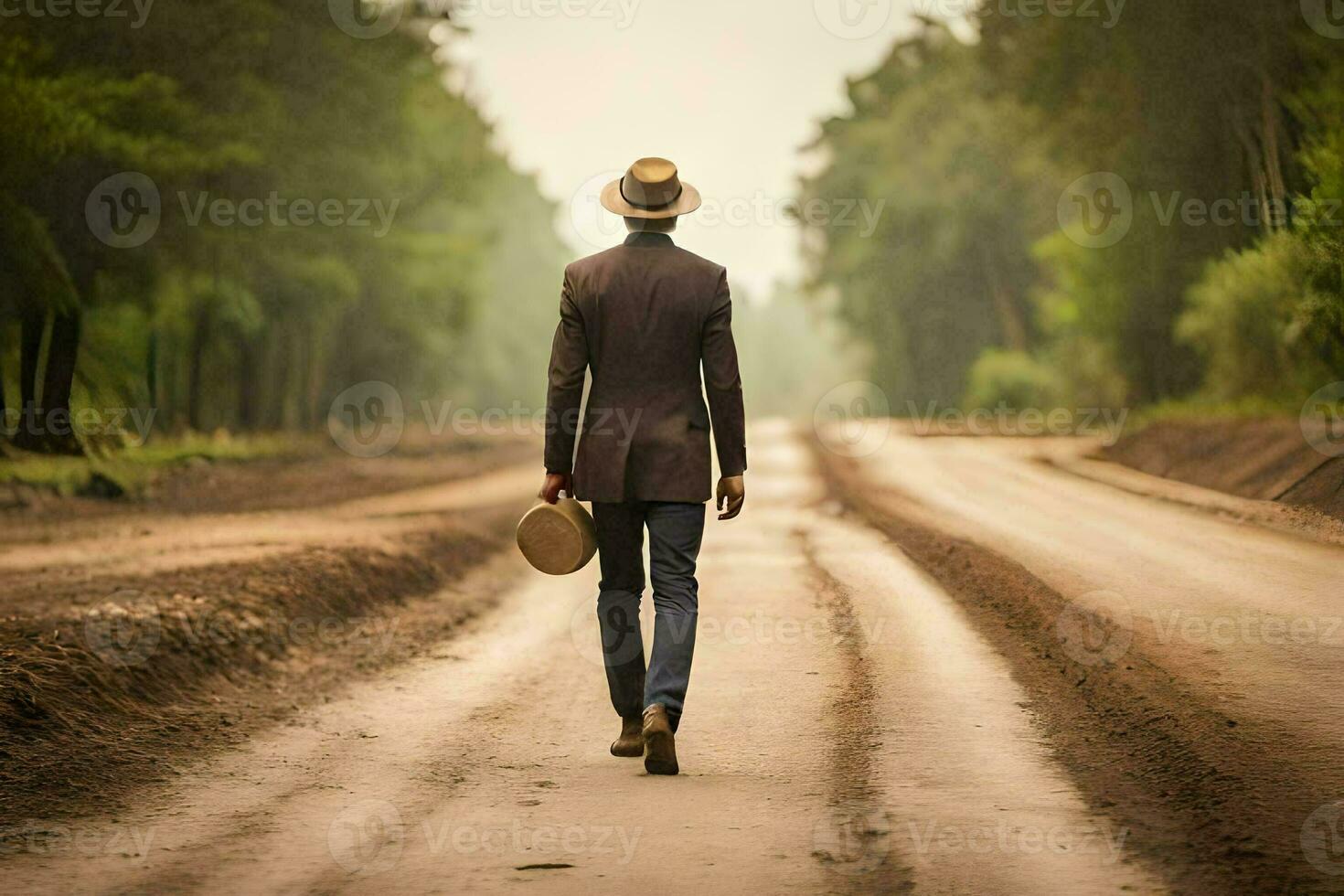 un hombre en un traje y sombrero caminando abajo un suciedad la carretera. generado por ai foto