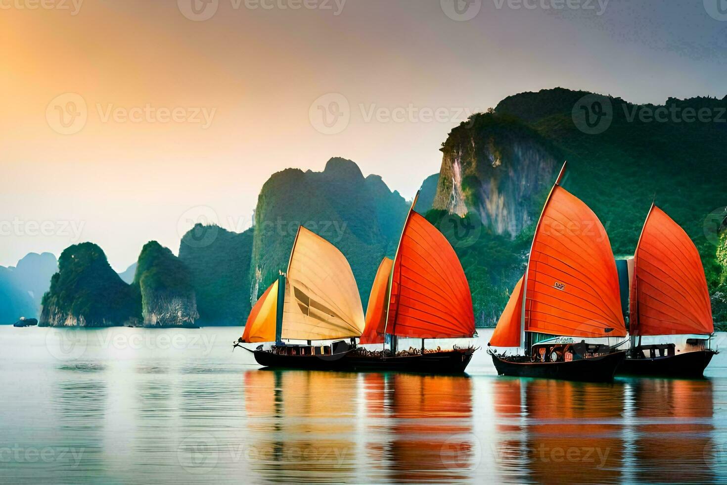 three boats with red sails in the water. AI-Generated photo