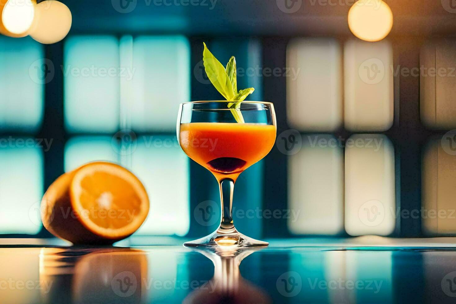 a glass of orange juice with a leaf on top. AI-Generated photo