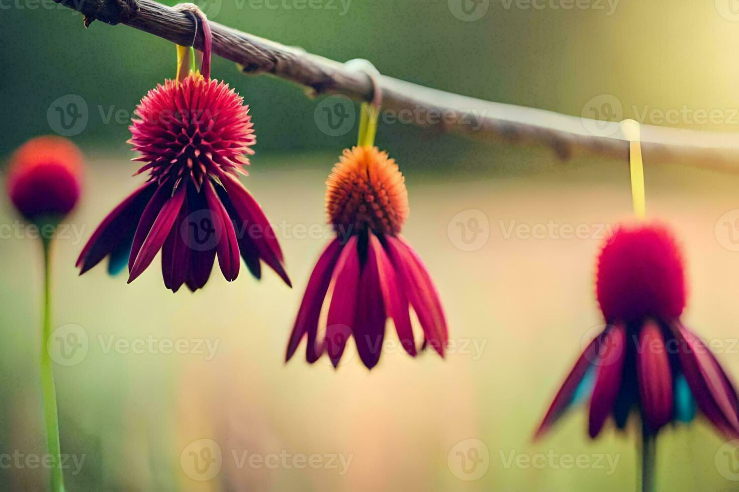 three red flowers hanging from a branch. AI-Generated photo