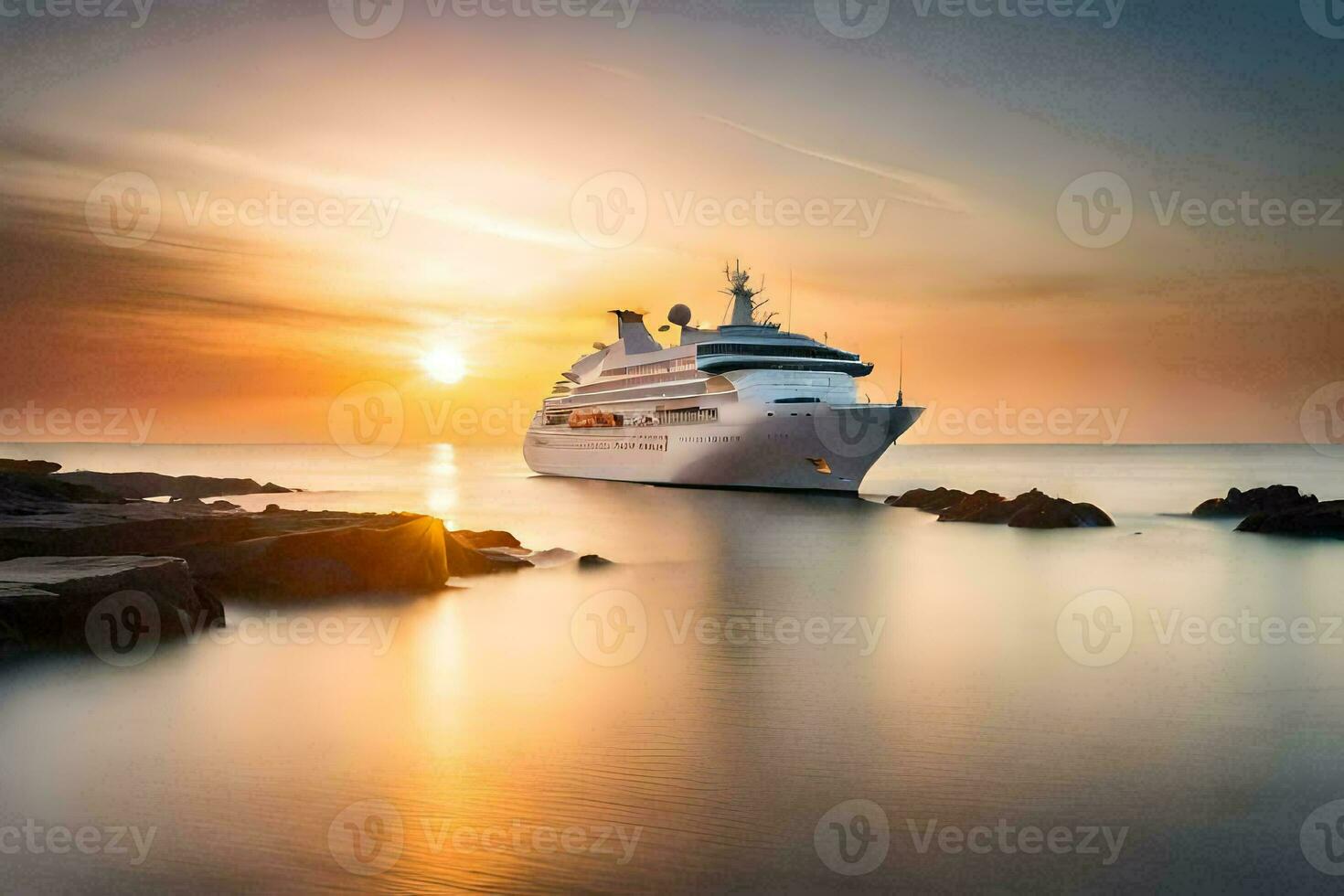 un crucero Embarcacion en el Oceano a puesta de sol. generado por ai foto