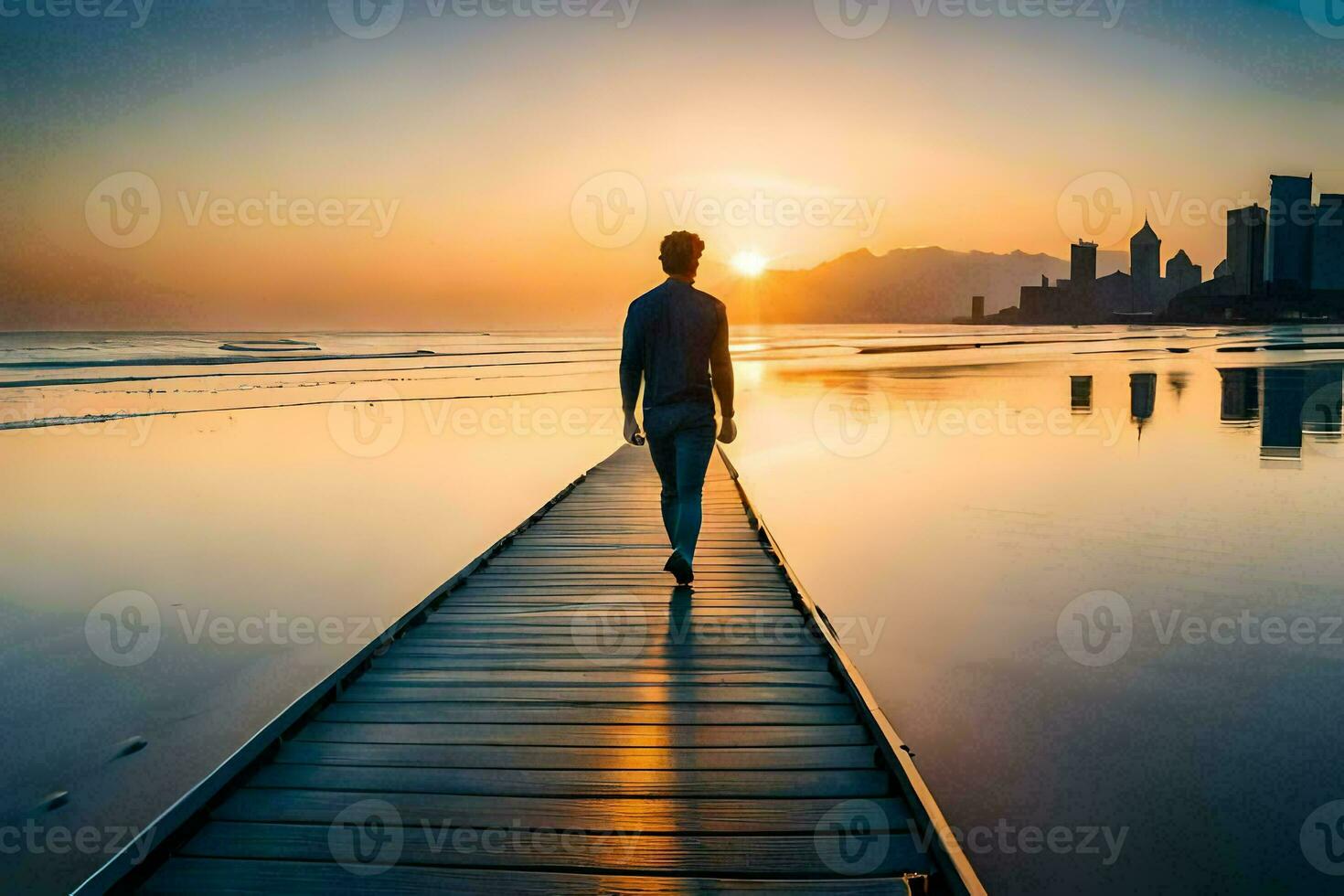 a man walking on a pier at sunset. AI-Generated photo