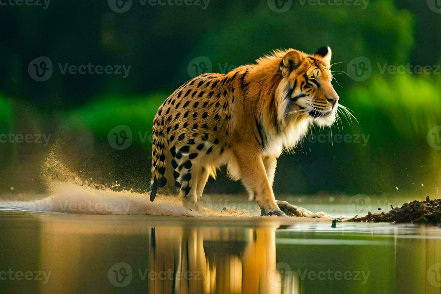 a tiger walking across the water in the forest. AI-Generated photo