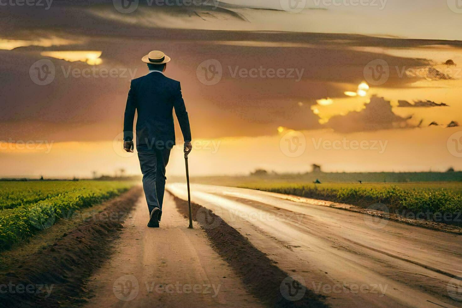 a man in a suit walks down a road at sunset. AI-Generated photo